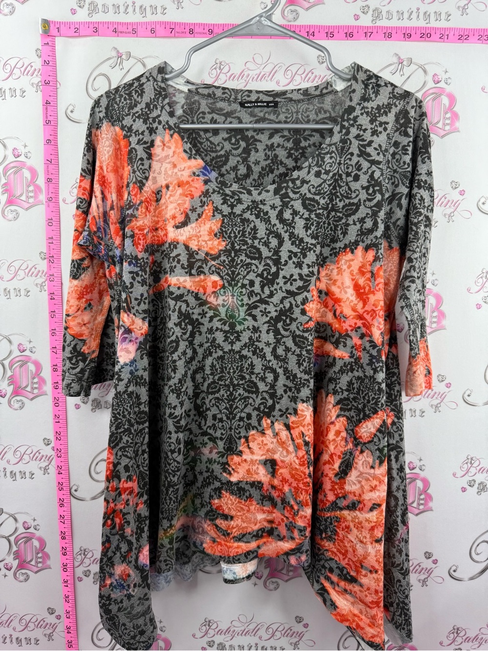 Nally & Millie shirt fairy hem Gray Damask Top with Coral Floral Accent